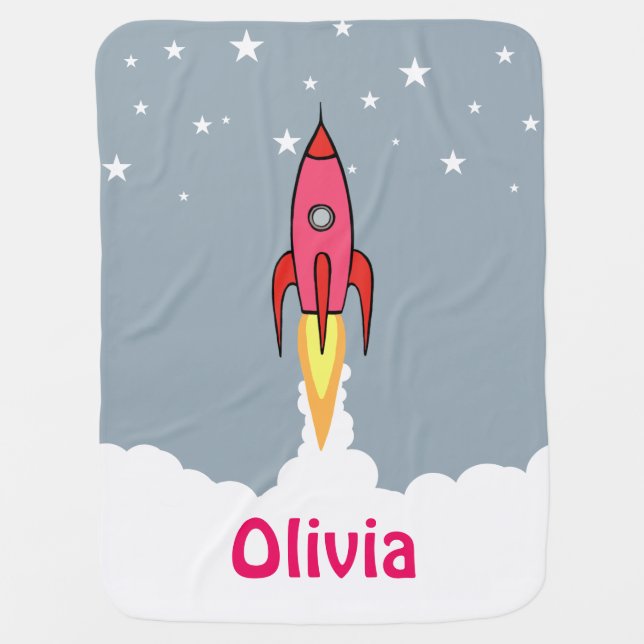 Pink Retro Rocket Ship Cute Personalized Feminist Swaddle Blanket (Front)