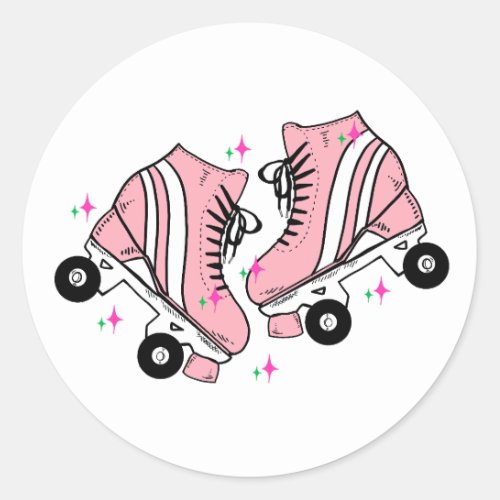 Pink Retro Roller Skates Classic Round Sticker