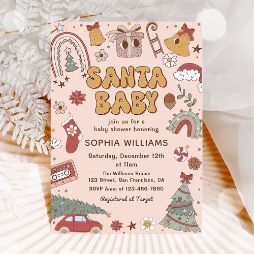 Pink Retro Santa Baby Christmas Baby Shower Invitation