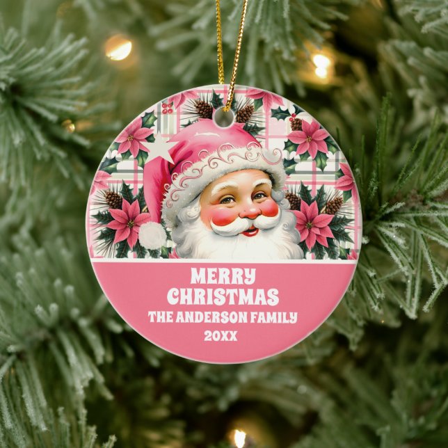 Pink Retro Santa Claus Christmas Floral Plaid  Ceramic Ornament (Tree)