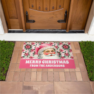 Pink Retro Santa Claus Christmas Floral Plaid Doormat