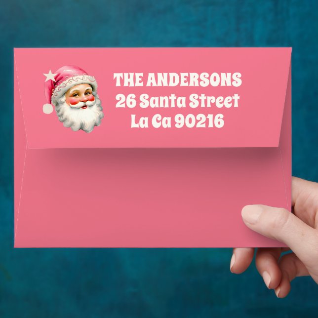 Pink Retro Santa Claus Christmas Floral Plaid  Envelope (Hand)
