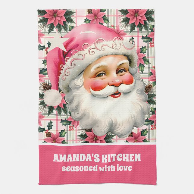 Pink Retro Santa Claus Christmas Floral Plaid Kitchen Towel (Vertical)