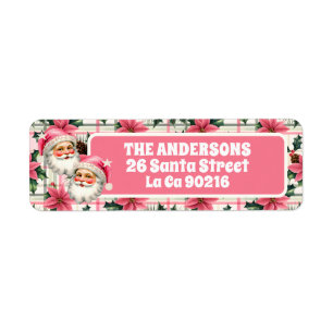 Pink Retro Santa Claus Christmas Floral Plaid  Label