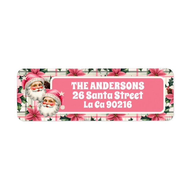 Pink Retro Santa Claus Christmas Floral Plaid  Label (Front)