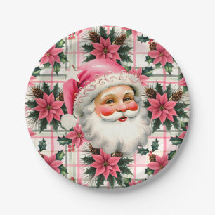 Pink Retro Santa Claus Christmas Floral Plaid Paper Plates