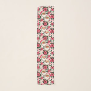 Pink Retro Santa Claus Christmas Floral Plaid Scarf