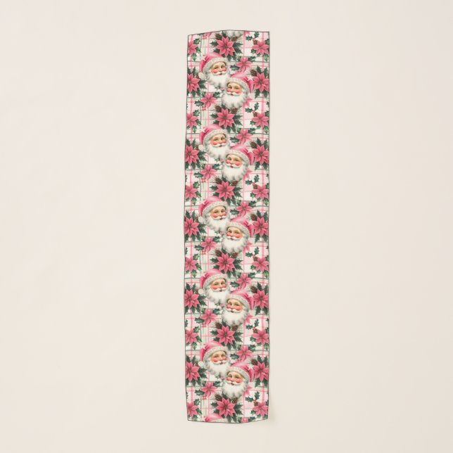 Pink Retro Santa Claus Christmas Floral Plaid Scarf (Front)
