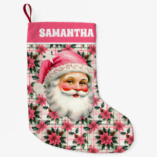 Pink Retro Santa Claus Christmas Floral Plaid Small Christmas Stocking