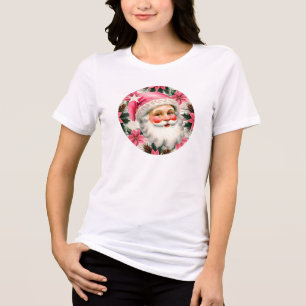 Pink Retro Santa Claus Christmas Floral Plaid  Tri-Blend Shirt