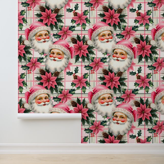 Pink Retro Santa Claus Christmas Floral Plaid Wallpaper (Application)