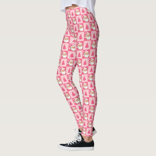 Pink Retro Santa Claus Christmas Tree Tartan Plaid Leggings (Left)