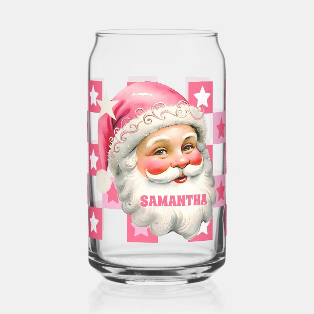 Pink Retro Santa Claus Pink Tartan Plaid Christmas Can Glass (Left)