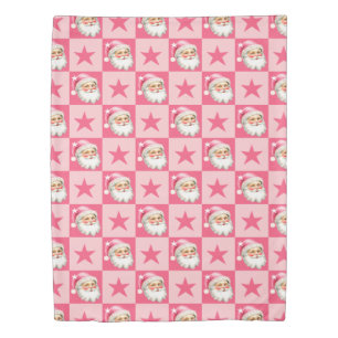 Pink Retro Santa Claus Pink Tartan Plaid Christmas Duvet Cover