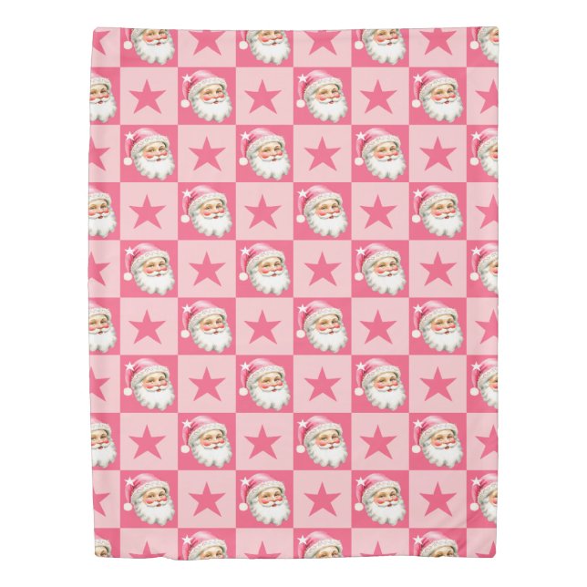 Pink Retro Santa Claus Pink Tartan Plaid Christmas Duvet Cover (Front)