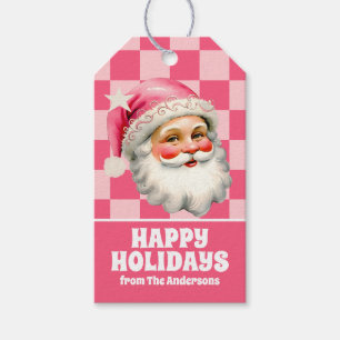Pink Retro Santa Claus Pink Tartan Plaid Christmas Gift Tags