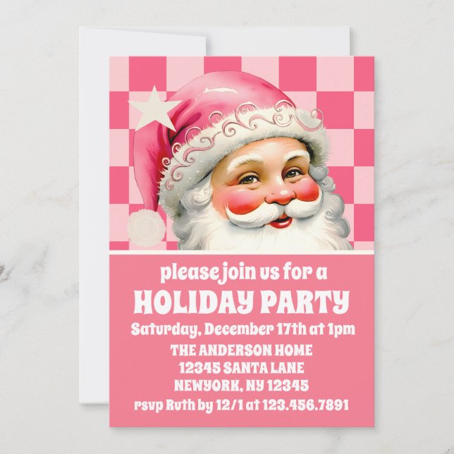Pink Retro Santa Claus Pink Tartan Plaid Christmas Invitation (Front)