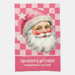 Pink Retro Santa Claus Pink Tartan Plaid Christmas Kitchen Towel