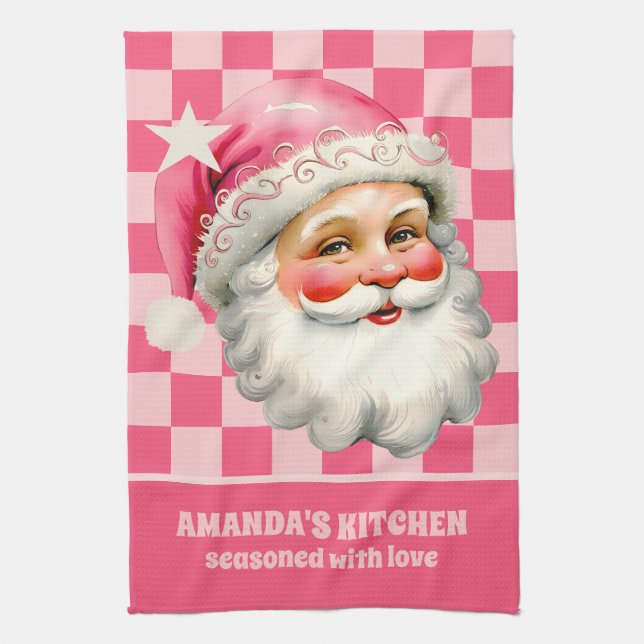 Pink Retro Santa Claus Pink Tartan Plaid Christmas Kitchen Towel (Vertical)