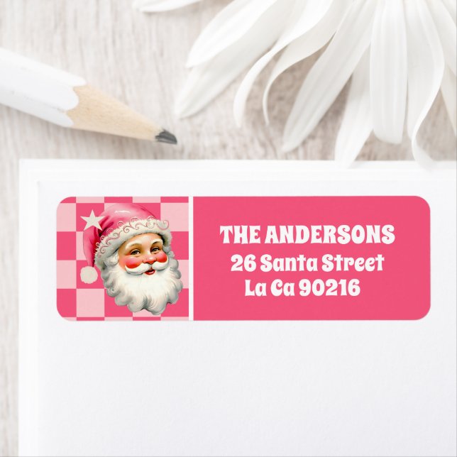 Pink Retro Santa Claus Pink Tartan Plaid Christmas Label (Insitu)