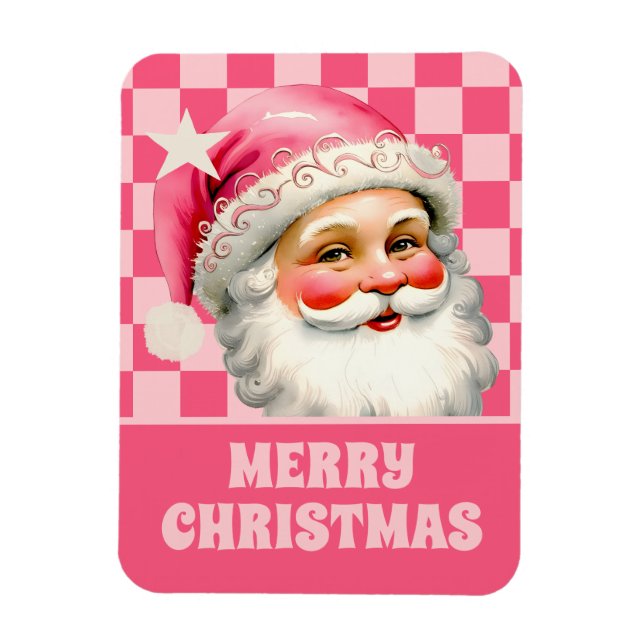 Pink Retro Santa Claus Pink Tartan Plaid Christmas Magnet (Vertical)