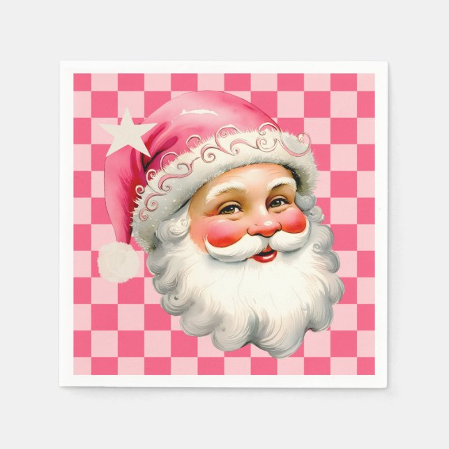 Pink Retro Santa Claus Pink Tartan Plaid Christmas Napkins (Front)
