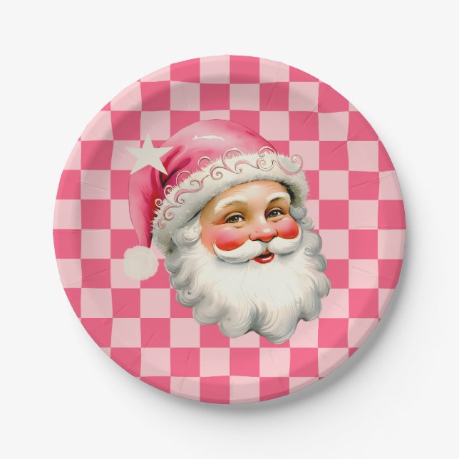 Pink Retro Santa Claus Pink Tartan Plaid Christmas Paper Plates (Front)