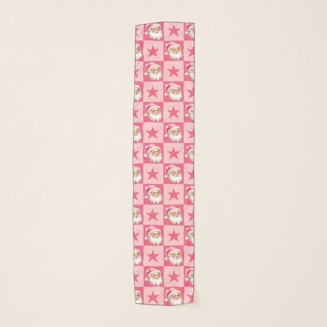 Pink Retro Santa Claus Pink Tartan Plaid Christmas Scarf (Front)