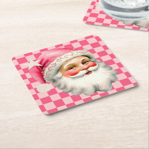 Pink Retro Santa Claus Pink Tartan Plaid Christmas Square Paper Coaster
