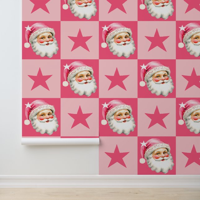 Pink Retro Santa Claus Pink Tartan Plaid Christmas Wallpaper (Application)
