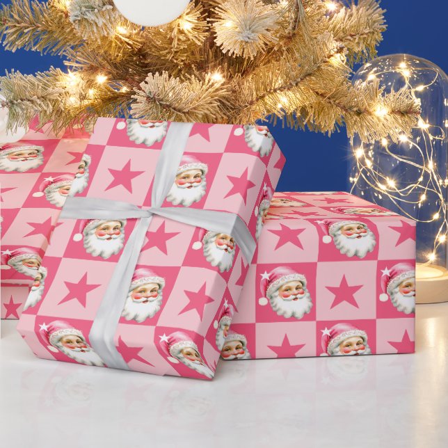 Pink Retro Santa Claus Pink Tartan Plaid Christmas Wrapping Paper (Holidays)