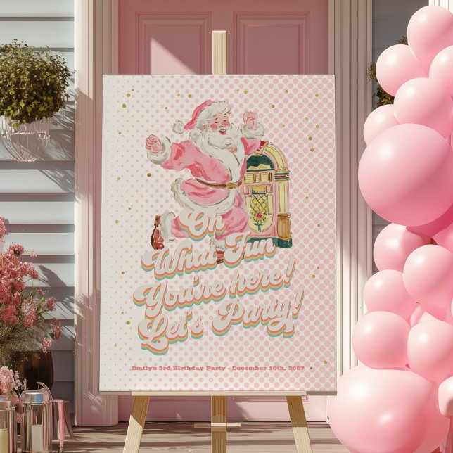 Pink Retro Santa Claus Themed Party Welcome Sign (Oh What Fun Girl Birthday Welcome Sign, Pink Retro Groovy Santa Claus Birthday Decoration)