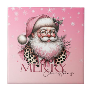 Pink Retro Santa Claus Vintage Merry Christmas Ceramic Tile