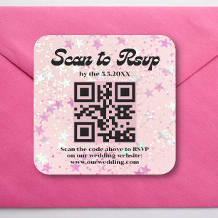 pink retro script rsvp qr code wedding square sticker