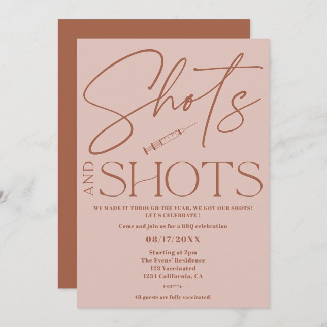 Pink retro script shots Vaccination celebration Invitation (Front/Back)