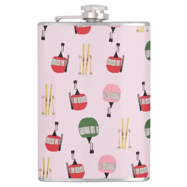 Pink Retro Ski Lift Apres Ski Winter Skiing Skier Flask (Front)