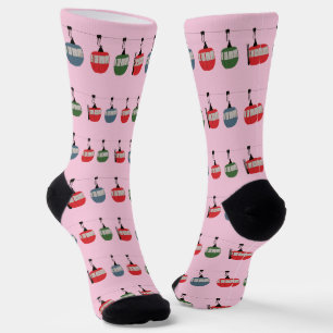 Pink Retro Ski Lift Gondola Winter Skiers Socks