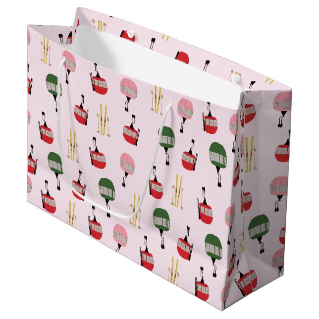 Pink Retro Ski Lift Gondola Winter Skiing  Large Gift Bag (Front Angled)