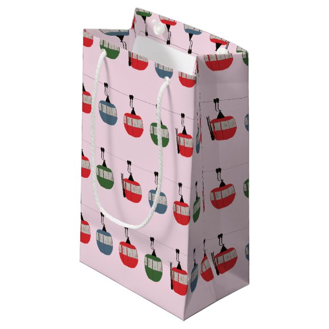 Pink Retro Ski Lift Illustration Skier Small Gift Bag (Front Angled)