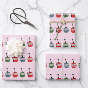 Pink Retro Ski Lift Illustration Skier Wrapping Paper Sheets