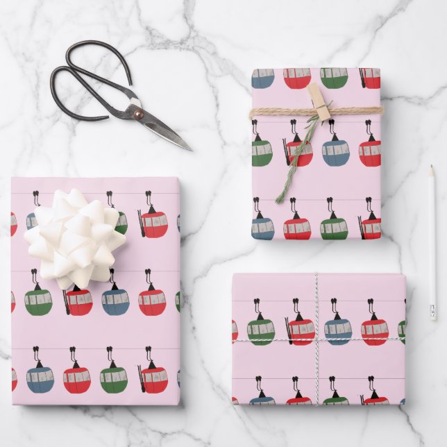 Pink Retro Ski Lift Illustration Skier Wrapping Paper Sheets (Front)