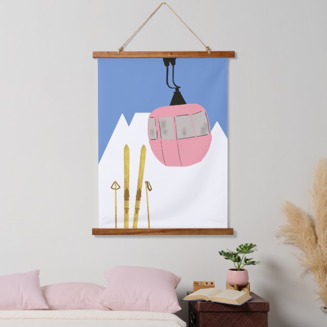 Pink Retro Ski Lift Mountain Hanging Tapestry (Bedroom)