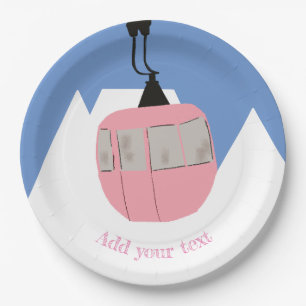 Pink Retro Ski Lift Skiing Snow Mountain  Paper Plates
