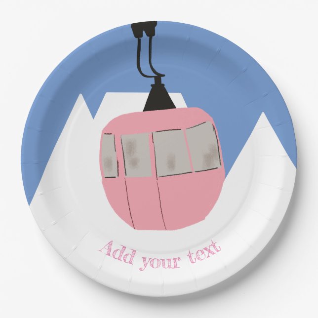 Pink Retro Ski Lift Skiing Snow Mountain  Paper Plates (Front)