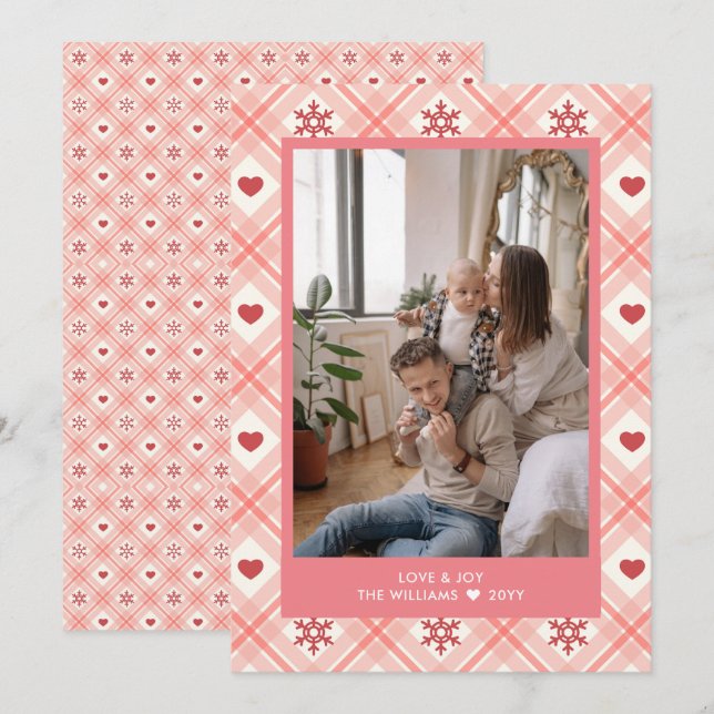 Pink Retro Snowflake & Red Heart Custom Photo Holiday Card (Front/Back)