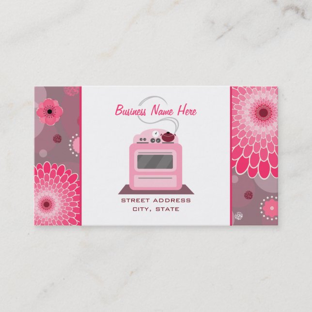 Pink Retro Stove Flowers & Dots Chef Caterer Business Card (Front)
