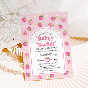 Pink Retro Strawberry Berry Sweet Baby Girl Shower Invitation
