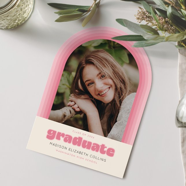 Pink Retro Striped Arch Graduation Announcement (Creator Uploaded)