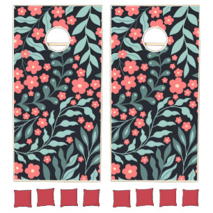 Pink retro style blooming flowers in Nordic style Cornhole Set