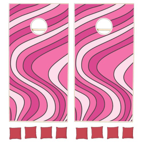 Pink retro style waves cornhole set